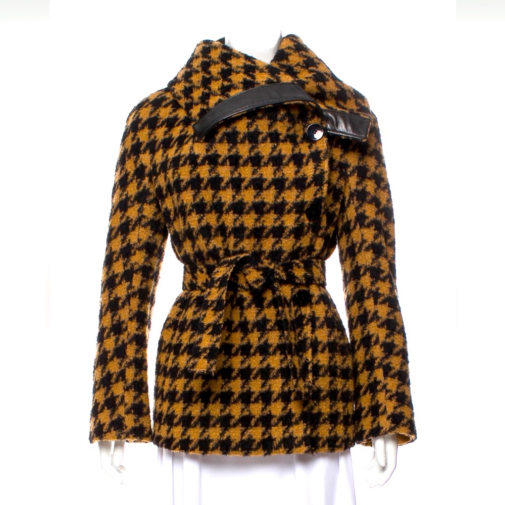 MAX MARA Houndstooth tan and black alpaca and wool coat with leather trim size 4